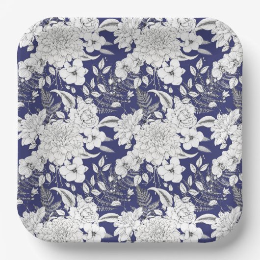 ロマンチックバラユーカリ線スケッチ紫 ペーパープレート (正面)