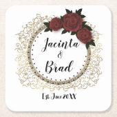 ロマンチックバラ結婚リースパーソナライズされた スクエアペーパーコースター (正面)