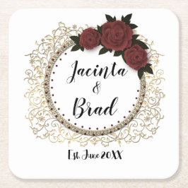 ロマンチックバラ結婚リースパーソナライズされた スクエアペーパーコースター