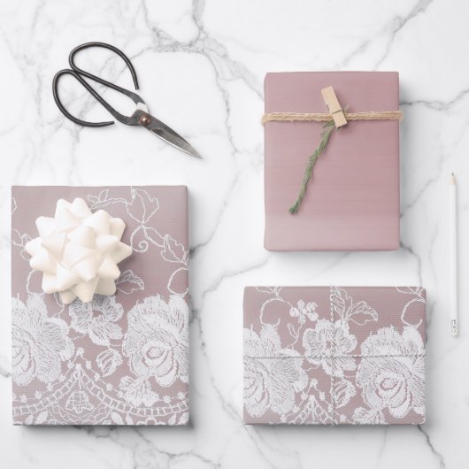 ロマンチックバラ赤面ピンクホワイトレースフローラ結婚ズ ラッピングペーパーシート (正面)