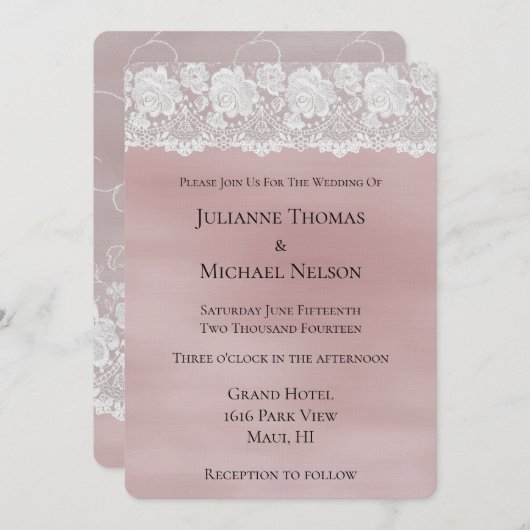 ロマンチックバラ赤面ピンクホワイトレースフローラ結婚ズ 招待状 (正面/裏面)