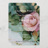 ロマンチックバラ赤面ピンク金ゴールドフローラ誕生日 招待状 (正面/裏面)