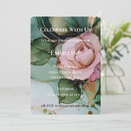 ロマンチックバラ赤面ピンク金ゴールドフローラ誕生日 招待状 (スタンド正面)
