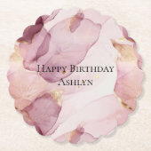 ロマンチックバラ赤面ピンク金ゴールドリーフ誕生日 ペーパーコースター (正面)