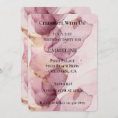 ロマンチックバラ赤面ピンク金ゴールドリーフ誕生日 招待状 (正面/裏面)