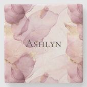 ロマンチックバラ赤面ピンク金ゴールドリーフ ストーンコースター (正面)