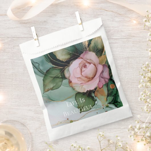 ロマンチックバラ赤面ピンク金ゴールド結婚フローラ フェイバーバッグ (クリップ留めされた状態)