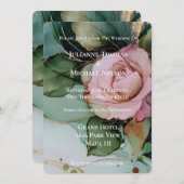 ロマンチックバラ赤面ピンク金ゴールド結婚フローラ 招待状 (正面/裏面)