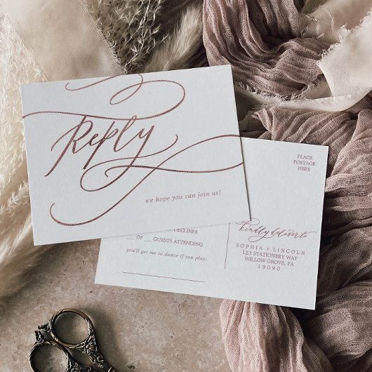 ロマンチックバラ金ゴールド書道ソングリクエストRSVP インビテーションポストカード