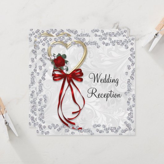 ロマンチックバラ、ダイヤモンド&レッドリ結婚ボンの誘い 招待状 (正面/裏面インサイチュ)