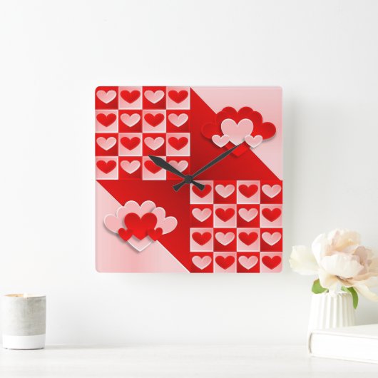 ロマンチックバレンタインラブハートレッドホワイトハート スクエア壁時計 (ホーム)