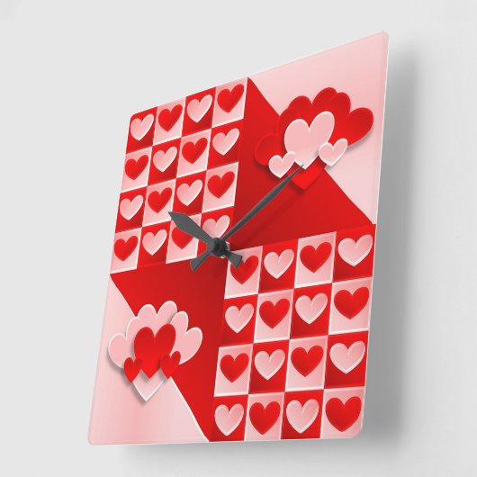 ロマンチックバレンタインラブハートレッドホワイトハート スクエア壁時計 (傾斜)