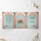 ロマンチックバーズピンクガゼボインディアンパレス結婚ズ 三つ折り招待状 (内部)