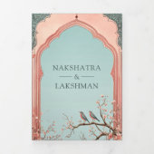 ロマンチックバーズピンクガゼボインディアンパレス結婚ズ 三つ折り招待状 (カバー)