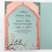 ロマンチックバーズピンクガゼボインディアンパレス結婚ズ 三つ折り招待状 (内部最初)