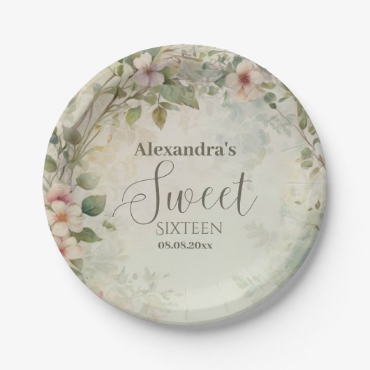 ロマンチックパステルワイルドフラワーズスウィート16 ペーパープレート (正面)
