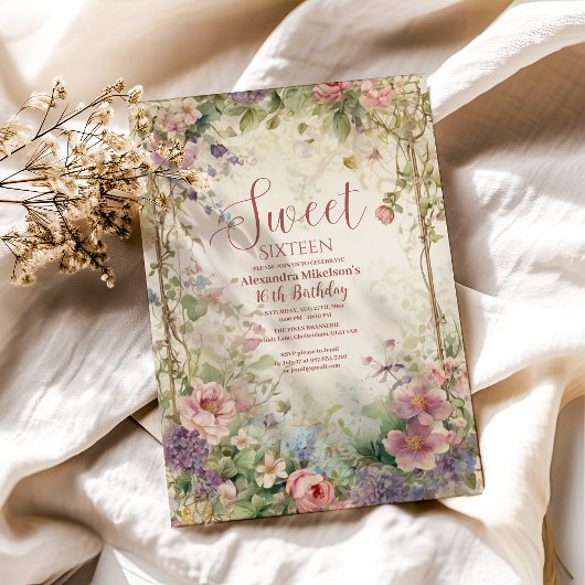 ロマンチックパステルワイルドフラワーズスウィート16 招待状