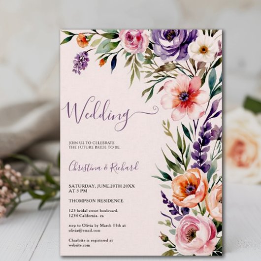 ロマンチックパステルワイルドフラワー春の結婚式 招待状