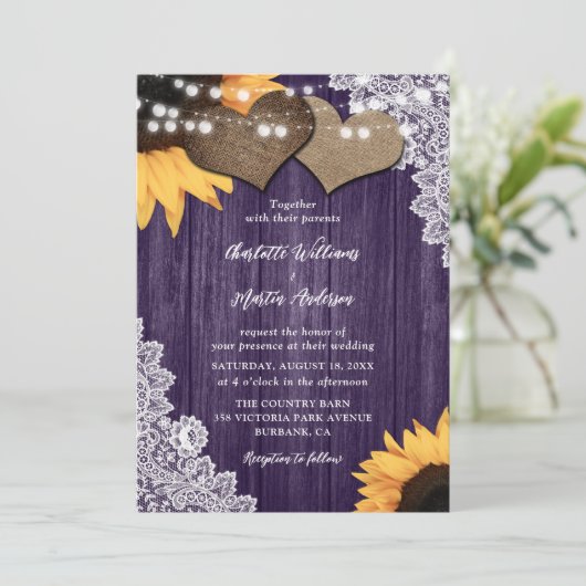ロマンチックパープルウッドフローラレースサンフラワー結婚ズ 招待状 (スタンド正面)