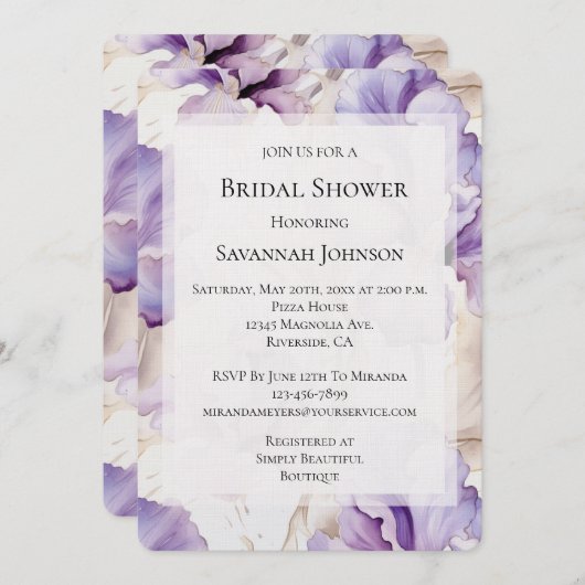 ロマンチックパープルクリームアイリスフローラブライダルシャワー 招待状 (正面/裏面)