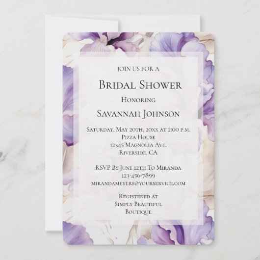 ロマンチックパープルクリームアイリスフローラブライダルシャワー 招待状 (正面)