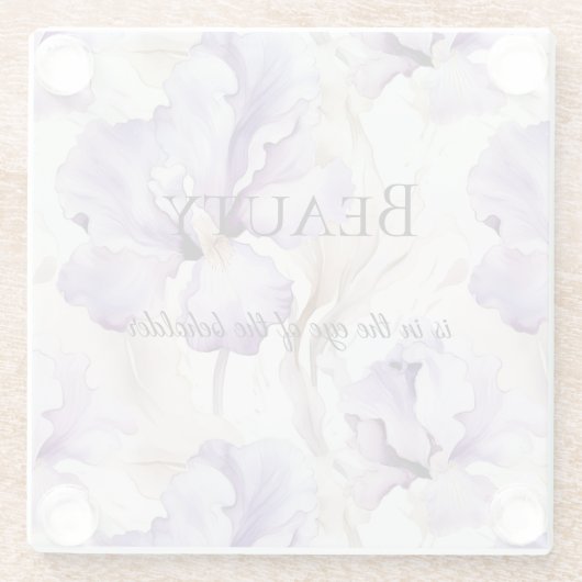 ロマンチックパープルクリームアイリスフローラ美しい引用文 ガラスコースター (裏面)