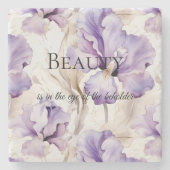 ロマンチックパープルクリームアイリスフローラ美しい引用文 ストーンコースター (正面)