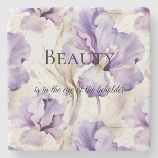 ロマンチックパープルクリームアイリスフローラ美しい引用文 ストーンコースター (正面)