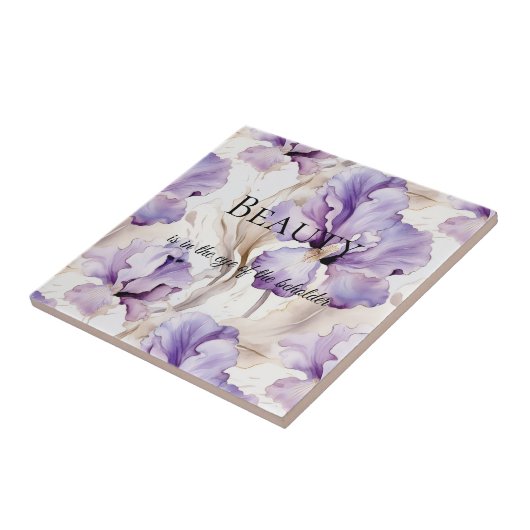 ロマンチックパープルクリームアイリスフローラ美しい引用文 タイル (側面)