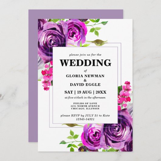 ロマンチックパープルフローラ結婚式招待状 招待状 (正面/裏面)