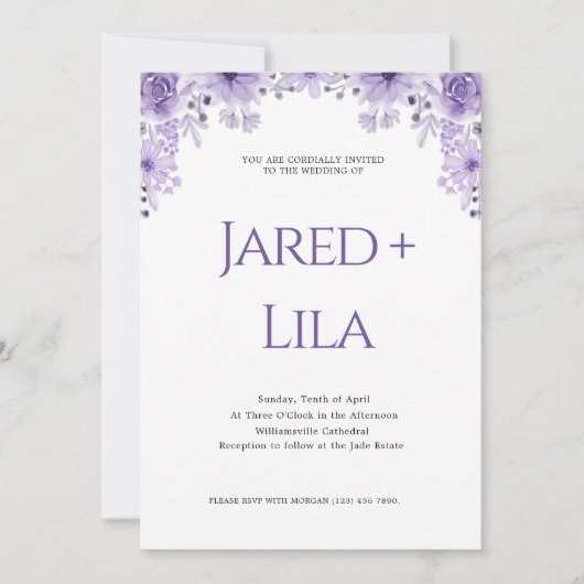 ロマンチックパープルフローラ結婚式招待状 招待状 (正面)