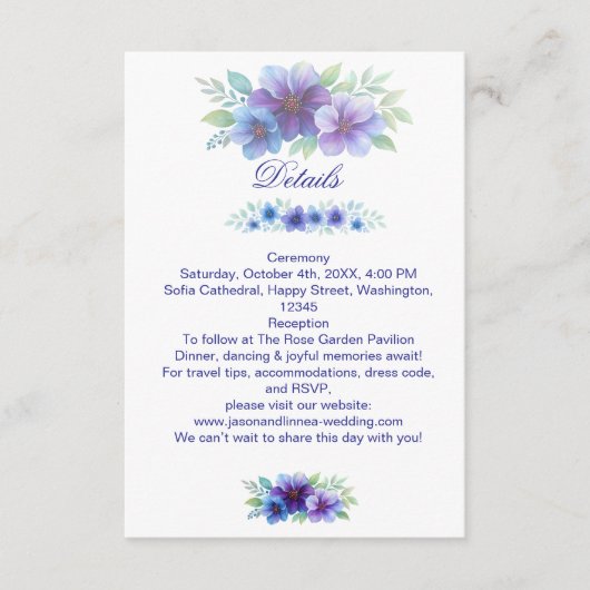 ロマンチックパープルブルーボタニカルウォーター結婚カラー エンクロージャーカード (正面)