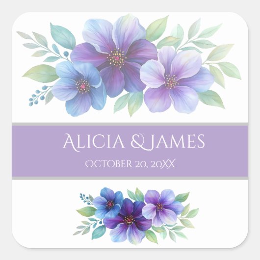 ロマンチックパープルブルーボタニカルウォーター結婚カラー スクエアシール (正面)