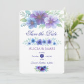 ロマンチックパープルブルーボタニカルウォーター結婚カラー セーブザデート (スタンド正面)