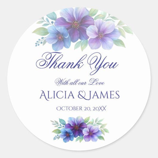 ロマンチックパープルブルーボタニカルウォーター結婚カラー ラウンドシール (正面)
