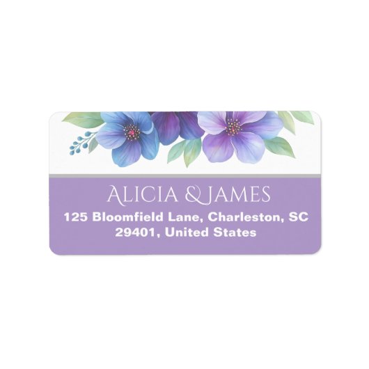 ロマンチックパープルブルーボタニカルウォーター結婚カラー ラベル (正面)