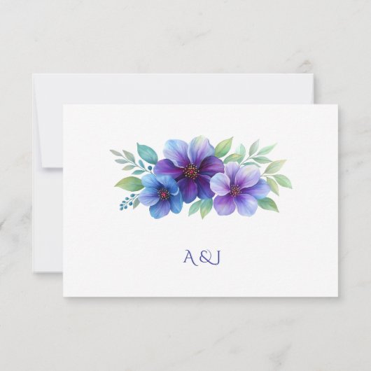 ロマンチックパープルブルーボタニカルウォーター結婚カラー 出欠カード (裏面)