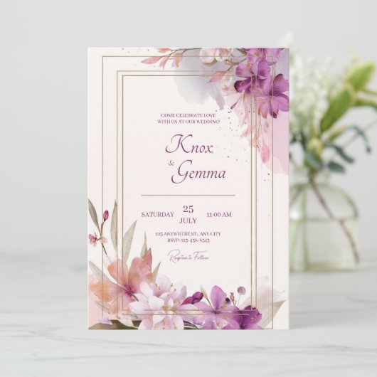 ロマンチックパープルブロッサム結婚フローラ 招待状 (スタンド正面)