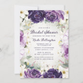 ロマンチックパープルホワイトフローラグリッターブライダルシャワー 招待状 (正面)