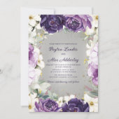 ロマンチックパープルホワイトフローラ結婚グリッター 招待状 (正面)