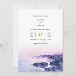 ロマンチックパープルロッキーショアリンダスクビーチ結婚式 招待状
