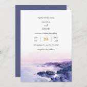 ロマンチックパープルロッキーショアリンダスクビーチ結婚式 招待状 (正面/裏面)