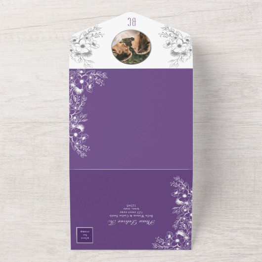 ロマンチックパープル結婚フローラ オールインワン招待状 (外側)