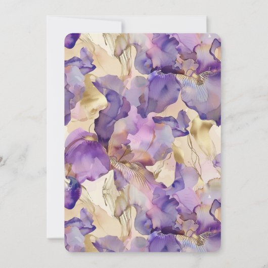 ロマンチックパープル金ゴールドアイリス結婚フローラ 招待状 (裏面)