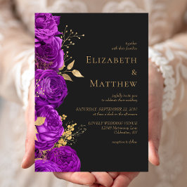 ロマンチックパープル金ゴールドダーク結婚フローラ 招待状