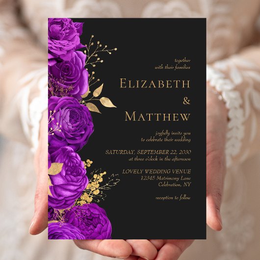ロマンチックパープル金ゴールドダーク結婚フローラ 招待状
