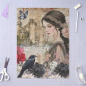 ロマンチックビクトリアンな女の子とレイベンのヴィンテージフローラ 薄葉紙 (クラフト)