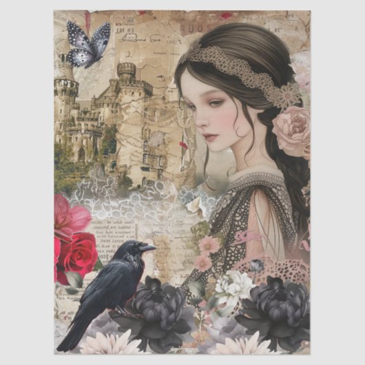 ロマンチックビクトリアンな女の子とレイベンのヴィンテージフローラ 薄葉紙 (正面)