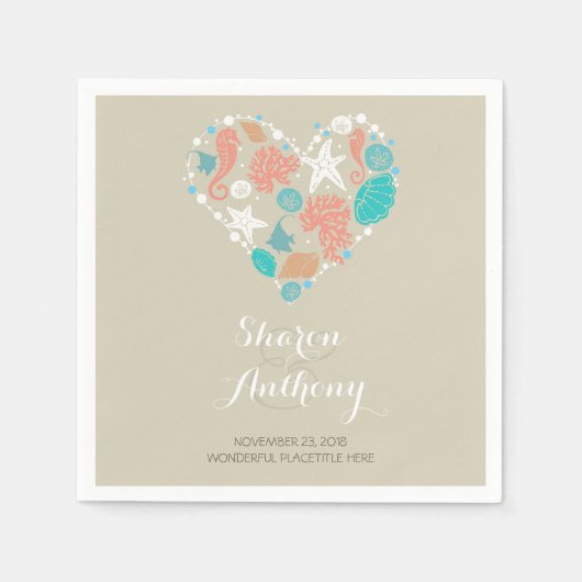ロマンチックビーチハート結婚ズ紙ナプキンス スタンダードカクテルナプキン (正面)