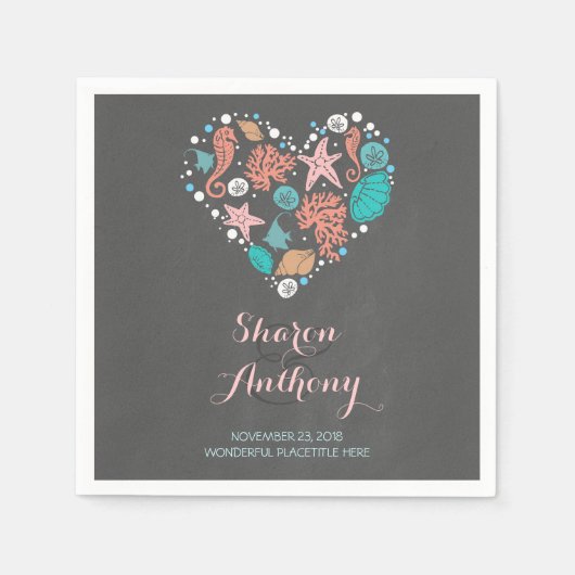 ロマンチックビーチハート結婚ズ紙ナプキンス スタンダードカクテルナプキン (正面)